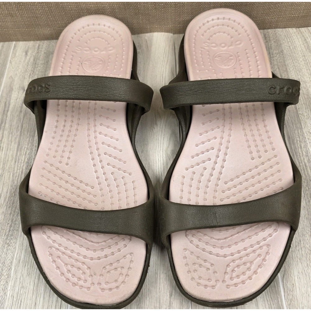 CROCS Women's Two-Strap Slide Sandals in Pink and Dark Brown